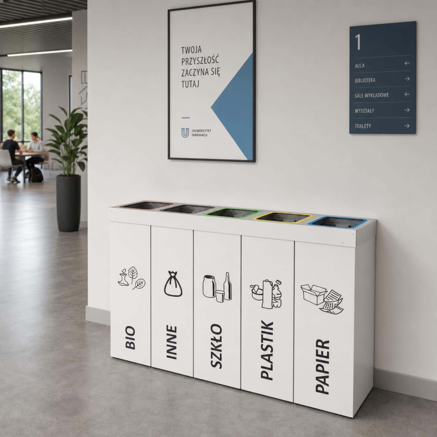 Pięciokomorowy kosz do segregacji DENEB 5 x 50 L w nowoczesnym budynku biurowym i edukacyjnym.
